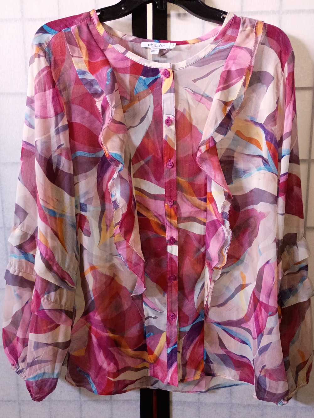 Chico's Pink Multi-Color Ruffle Button-Front Blouse
